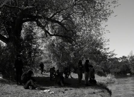 Vincent Debanne, ‘GROUP OF BLACK BLOCS, WEARING SCARVES, GAS MASKS, AND MOTORCYCLE HELMETS, AT EDGE OF RIVER’, 2015