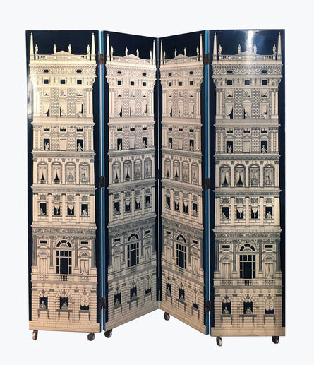 Piero Fornasetti, ‘A rare four panel screen decorated with the 'Grattacielo del Rinascimento' motif on the front and the 'Arlecchini' motif on the rear’, ca. 1950