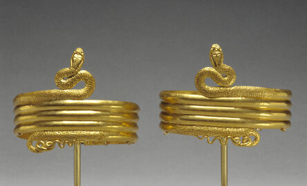 ‘Pair of upper arm bracelets in the form of a coiled snake’, 220 -100 BCE