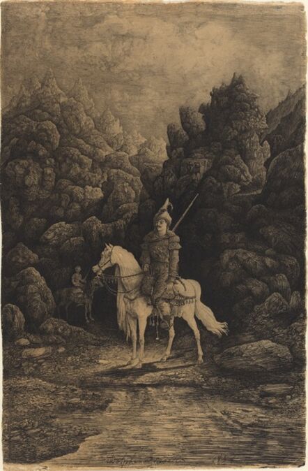 Rodolphe Bresdin, ‘Oriental Horseman in a Desolate Mountain Landscape’, 1858
