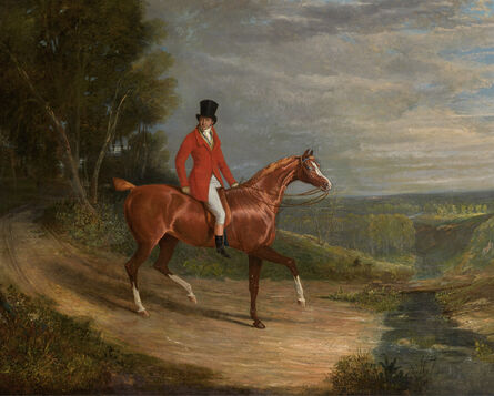 John Frederick Herring Sr., ‘A gentleman riding a chestnut hunter, wearing hunting habit, an extensive landscape beyond’, 1829