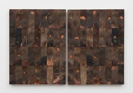 Gabriel de la Mora, ‘72 - I / Pi (36 pairs of leather shoe soles on wood’, 2016