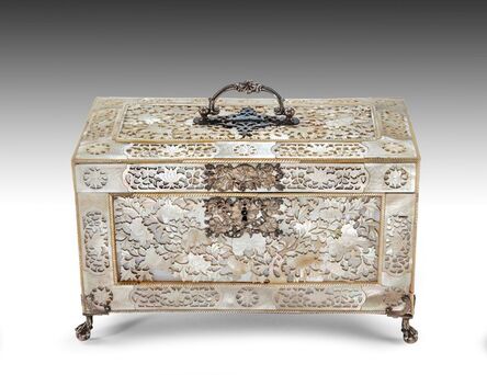 Chinese Export, ‘Fretwork Mother of Pearl Tea Casket with English silver mounts and English Chinoiserie silver tea canisters’, ca. 1760