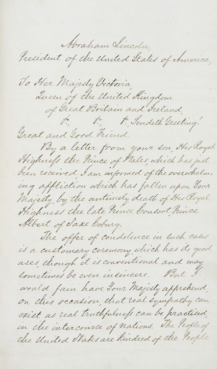 ‘Letter from President Lincoln to Queen Victoria sending condolences on the death of Prince Albert’, dated 1 February 1862