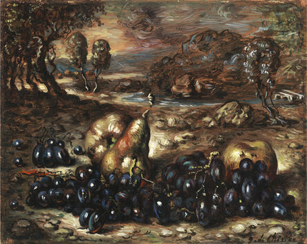 Giorgio de Chirico, ‘Natura morta nel paesaggio con uva, mele e pera’, 1950 ca.