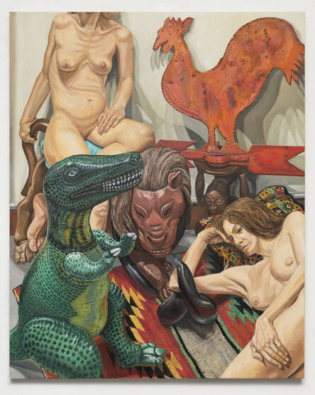 Philip Pearlstein, ‘Two Models, Rooster Weathervane, Luna Park Lion and Blow-Up Dinosaur’, 2017