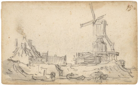 Jan van Goyen, ‘Amsterdam: windmill on a high dike with barns and a boat’, 1650-1651