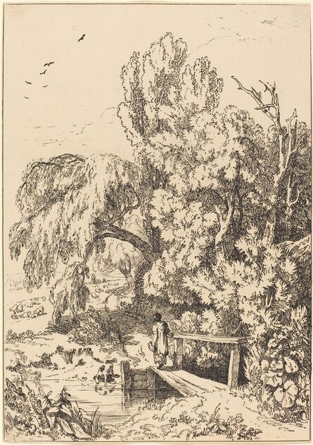 William Havell, ‘Landscape with Trees, Girl Crossing Footbridge’, 1804