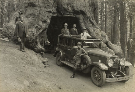 Audley D. Stewart, ‘George Eastman and companions riding through Wawona Tree in Yosemite National Park, Pacific Coast Trip’, 1930