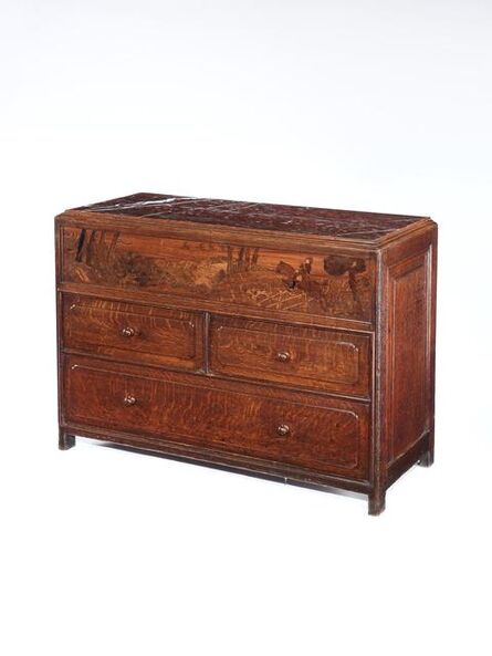Sir Robert Lorimer, ‘An Oak & Marquetry Chest of Drawers, Manufactured by Wheeler of Arncroach. Marquetry by Whytock & Reid, Edinburgh.’, 1892