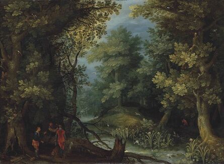 Jan Brueghel the Elder, ‘Hunters with hounds by a stream in a wooded landscape’