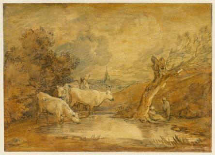 Thomas Gainsborough, ‘Landscape with Figures, Herdsman and Cattle at a Pool, and Distant Church’, Mid-to late 1780s