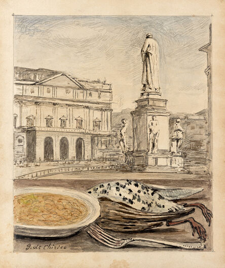 Giorgio de Chirico, ‘Veduta di Milano con risotto e cacciagione’, 1966
