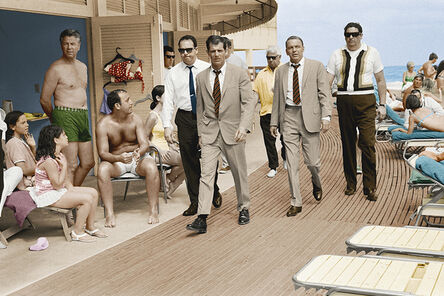 Terry O'Neill, ‘Frank Sinatra with Body Double and security team, Boardwalk, Miami Beach (colorized version)’, 1967