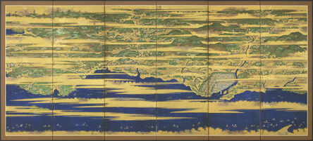 Tosa School, ‘A Japanese six-fold screen with a map of Buzen and Bungo provinces, depicting numerous figures and ships at sea amongst golden clouds’, circa 1621, 1632, Edo period
