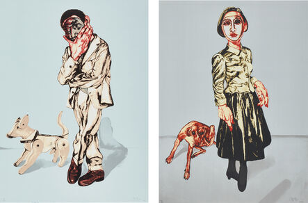 Zeng Fanzhi 曾梵志, ‘Mask Series: two plates (Man and Dog; and Woman and Dog)’, 2006