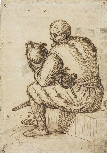 Circle of Jacob de Gheyn II, ‘A seated man with a sword and a jug’