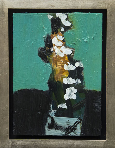 Jennifer Hornyak, ‘White Flowers with Collage - small green, orange, teal floral still life oil’, 2016