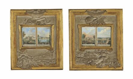 Claude Boucher, ‘Four views of the châteaux of Rambouillet, Anet and Sceaux inset in a pair of frames with tinted and gilded plaster bas-reliefs of trophies symbolizing music and painting’