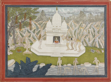 ‘Ascetics before the shrine of the goddess, page from a manuscript of the Kedara Kalpa. ’, ca. 1815
