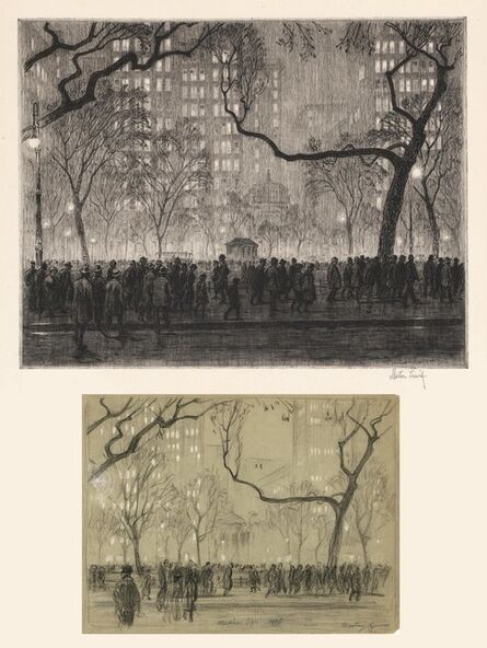 Martin Lewis, ‘Madison Square Rainy Night.  (and study drawing)’, 1915-1916