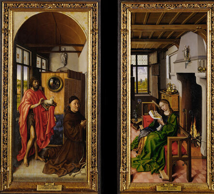 Robert Campin, ‘Von Werl Altarpiece: John the Baptist and the Franciscan Theologian Heinrich von Werl, and Saint Barbara’, 1438