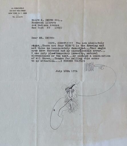 Al Hirschfeld, ‘Self Portrait drawn on hand signed letter ’, 1976 