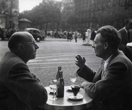 Robert Doisneau, ‘Pierre Neveu and Author Aldous Huxley, on the Terrace of Flore Café, Saint-Germain-des-Prés, Paris, Drinking Wine’, 1945