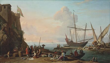 Adrien Manglard, ‘A Mediterranean harbor with stevedores unloading their ships, figures selling fish in the foreground by a fortress’
