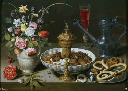 Clara Peeters, ‘Still Life with Flowers, Goblet, Dried Fruit, and Pretzels’, 1611