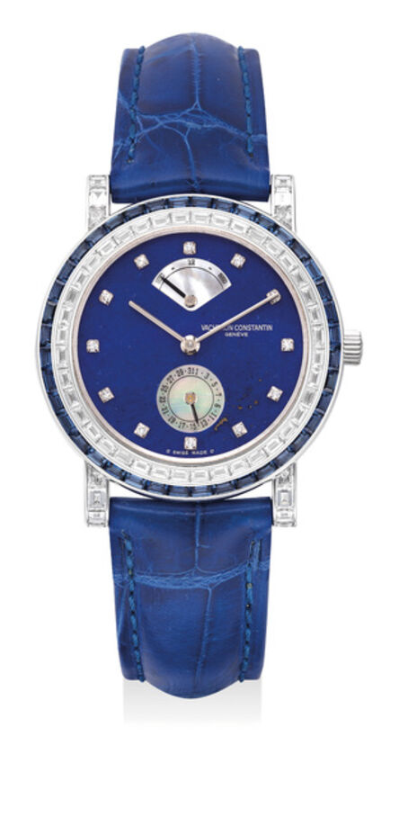 Vacheron & Constantin, ‘A very fine and elegant lady’s white gold wristwatch with diamond and sapphire-set bezel, diamond-set numerals, lapis lazuli and mother-of-pearl dial, date, power reserve, International Warranty and presentation box’, 1997