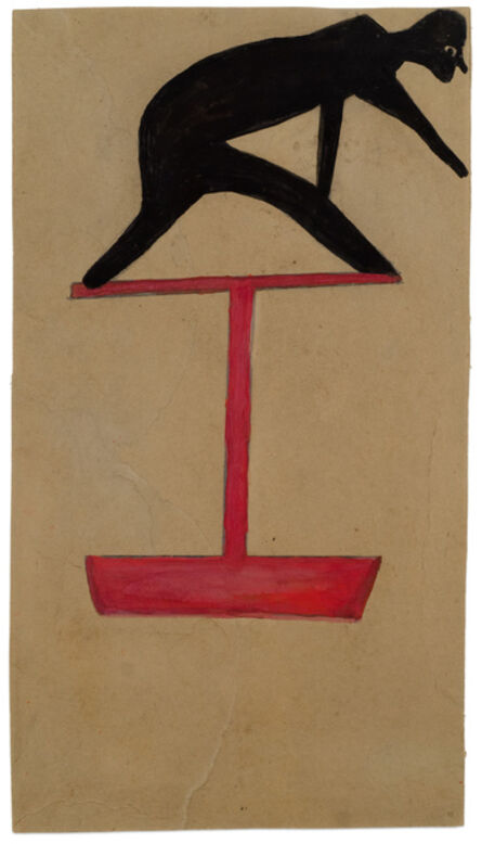 Bill Traylor, ‘Untitled (Black Figure Leaning on Red Construction)’, 1939-1942