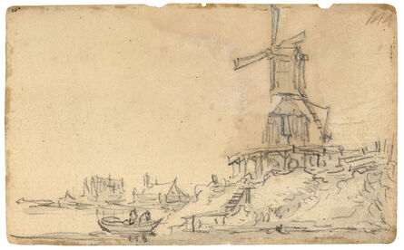 Jan van Goyen, ‘Windmill on a dike on the right river bank (recto) Seven merchants with wire baskets and a man on the right (verso)’, 1650-1651