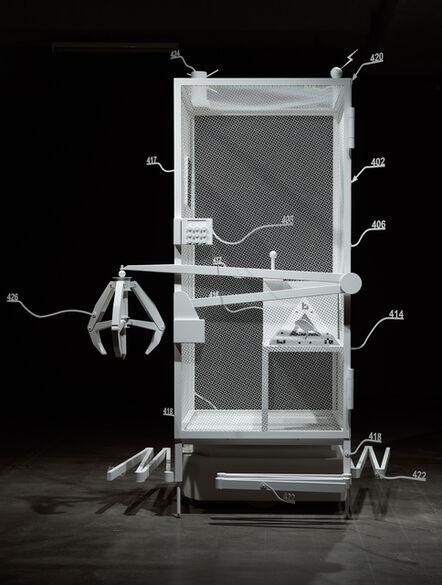 Simon Denny, ‘Amazon worker cage patent drawing as virtual King Island Brown Thornbill cage (US 9,280,157 B2: “System and method for transporting personnel within an active workspace”, 2016)’, 2019