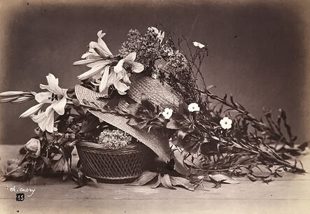 Charles Aubry, ‘Still Life of Hat, Basket, Lilies and Other Flowers’, ca. 1864