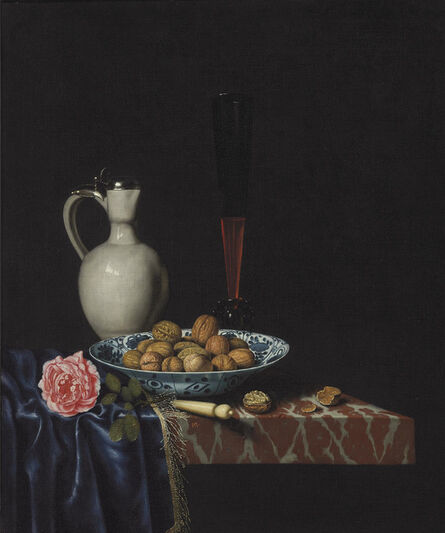 Hubert van Ravesteyn, ‘A wan-li bowl with walnuts, a façon de venise wine glass, an ivory-handled knife, a Delft stoneware jug and a rose on a partially draped marble ledge’