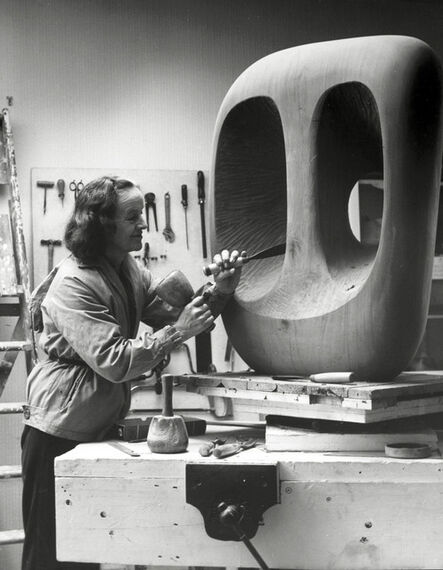 Barbara Hepworth, ‘Barbara Hepworth in the Palais studio at work on the wood carving Hollow Form with White Interior’, 1963