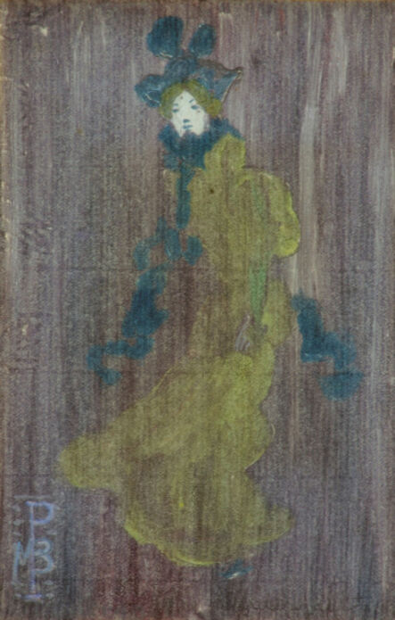 Maurice Brazil Prendergast, ‘LADY IN A PALE GREEN DRESS, BLUE HAT AND SCARF (Clark/Mathews/Owens 1563)’, ca. 1891
