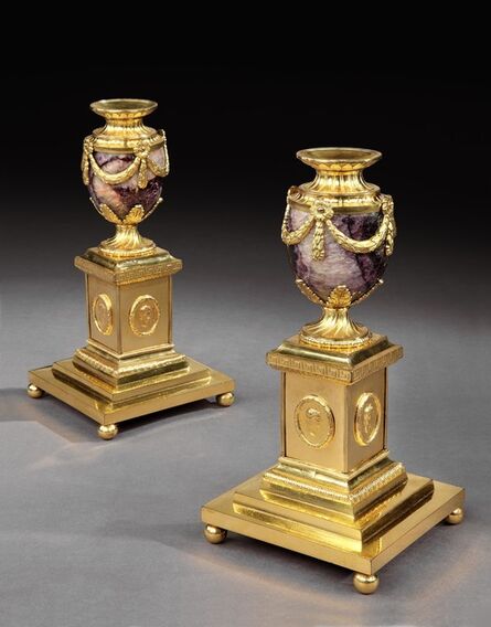 English, ‘A PAIR OF GEORGE III ORMOLU MOUNTED ‘NEW CAVERN VEIN’ BLUE JOHN CLEOPATRA CANDLE VASES BY MATTHEW BOULTON’, ca. 1775