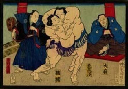 Utagawa Kuniaki II, ‘Sumo Wrestlers in the Ring with Referee and Audience’, 1868-1912