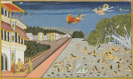 Amardas Bhatti, ‘Jalandharnath flies over King Padam's palace, from the Suraj Prakash’, 1830