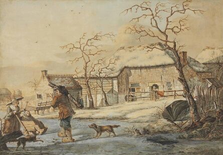 Johannes van Lexmond, ‘Figures on an frozen pond, cottages beyond’