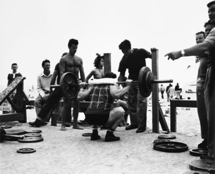 Larry Silver, ‘A Body Builder in a Squatting Position, Muscle Beach, Santa Monica, CA’, 1954