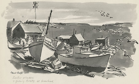 Bernard Brussel-Smith, ‘Lobster Shacks and Fishing Boats at Greenhead [Maine]’, ca. 1954