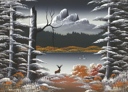 Levine Flexhaug, ‘Untitled (Mountain lake nocturne with deer, blasted tree and three birds)’, n.d.