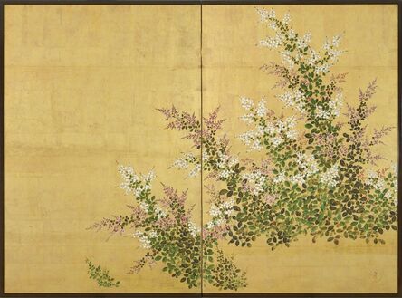 Rimpa School, Japan, 18th century, Edo period, ‘A two-fold screen painted in ink and colour on a gold ground depicting bush clover’, 18th century-Edo period