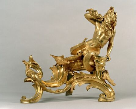 ‘« Les feux aux Tritons »  A pair of Louis XV chased, open-work and gilded bronze fire-dogs (chenets)’