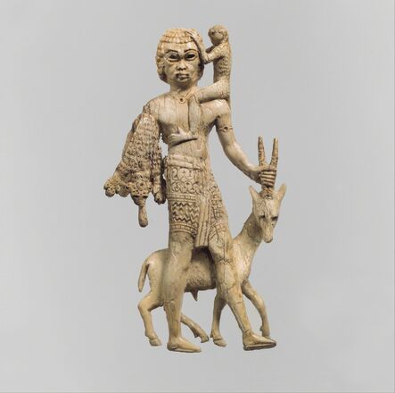 Unknown Assyrian, ‘Statuette of a man with an oryx, a monkey, and a leopard skin’, ca. 8th century B.C.