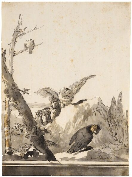 Giovanni Domenico Tiepolo, ‘Owls on a Rocky Perch’, 17th century