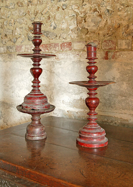 Unknown, ‘Two rare red lacquered 17th Century Batavian candlesticks, one having its original stand. ’, ca. 1680